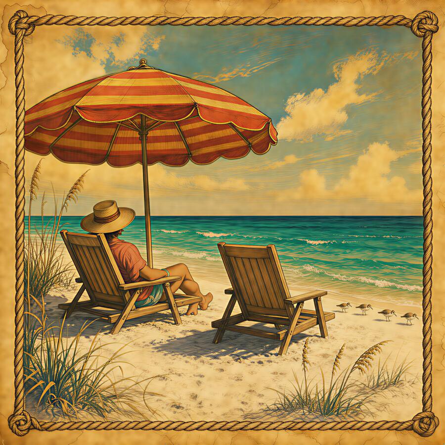 Illustration of beach chairs and a striped umbrella on Destin's sugar-white sand