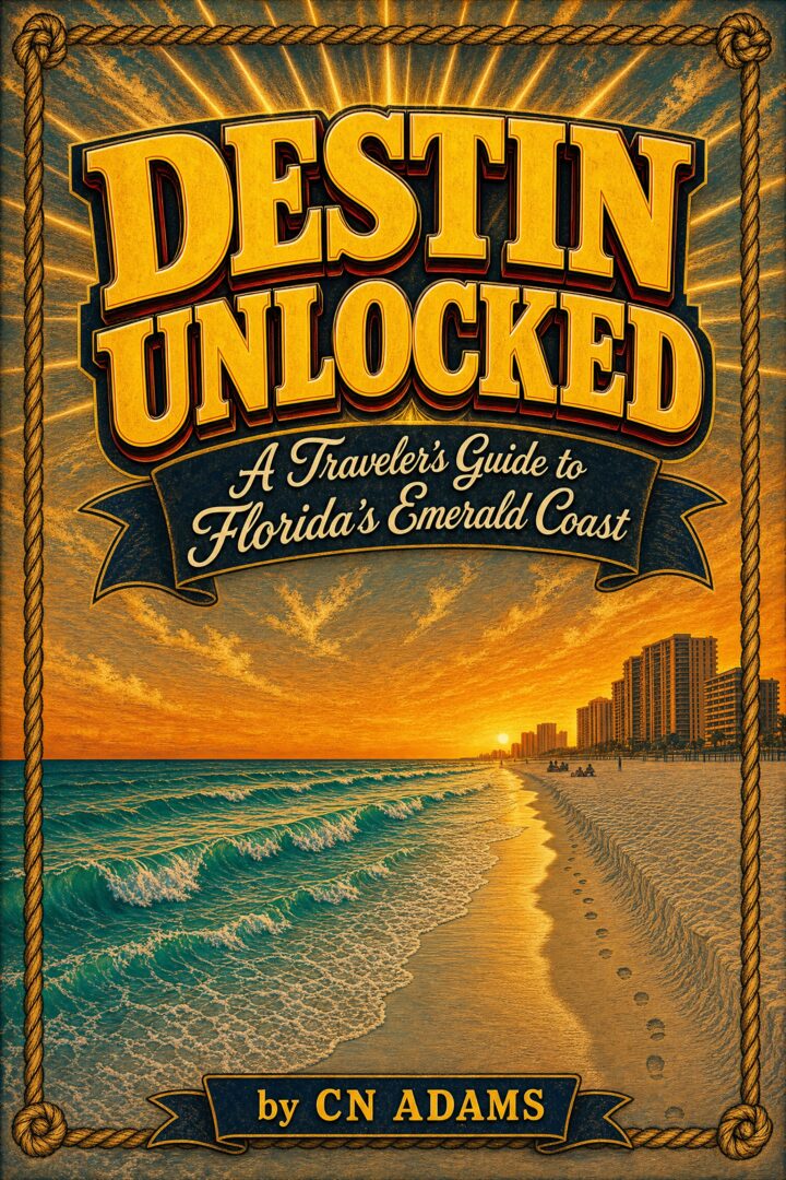 Destin Unlocked book cover — vintage sunset beach illustration with rope border