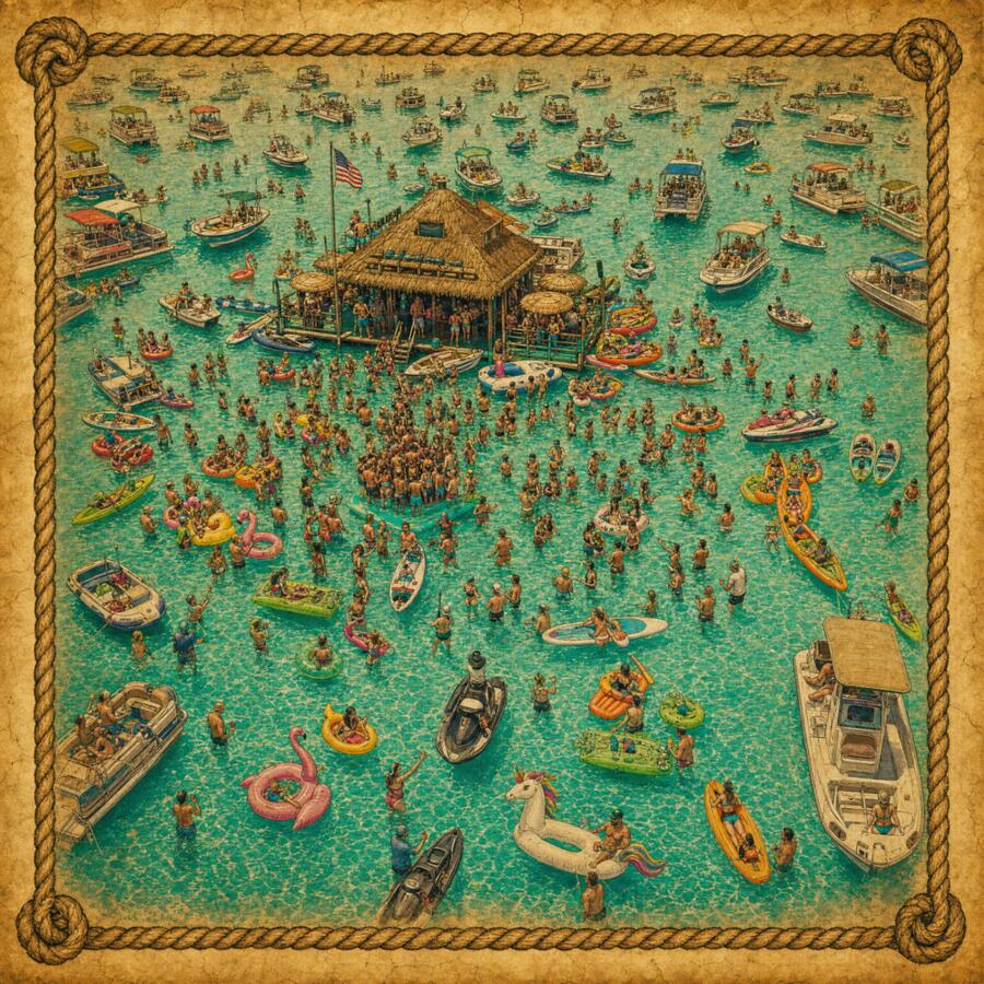 Illustration of Crab Island sandbar in Destin crowded with boats and pool floats