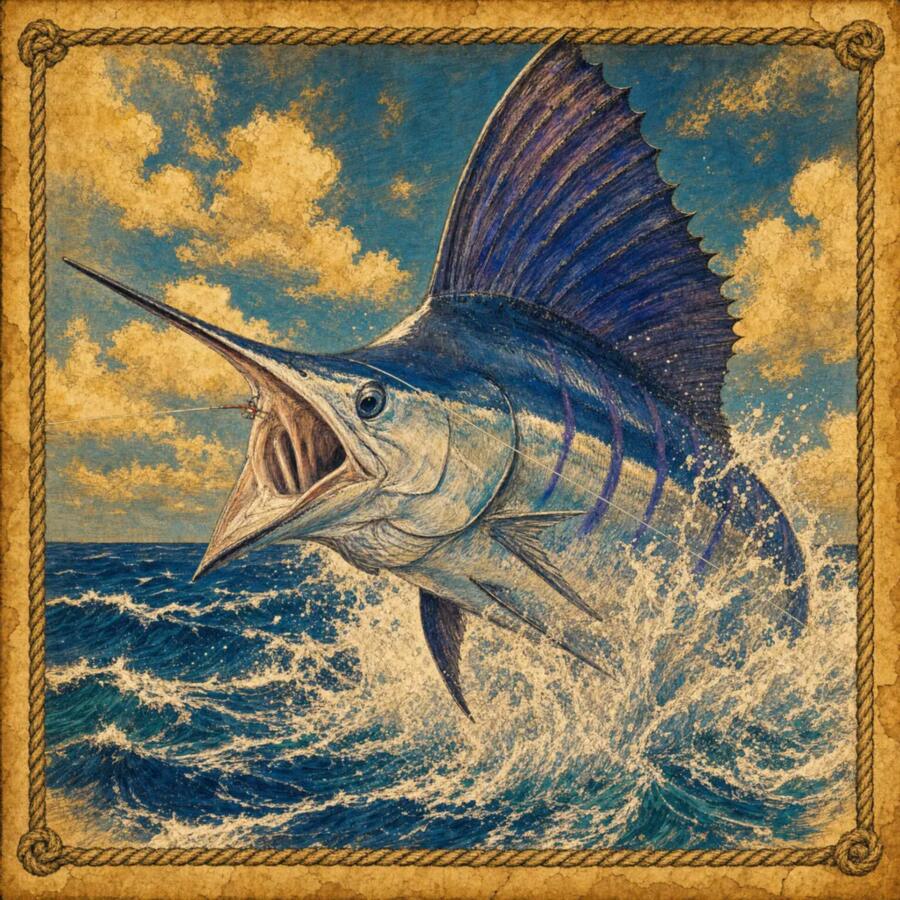 Illustration of a blue marlin leaping from Gulf waves